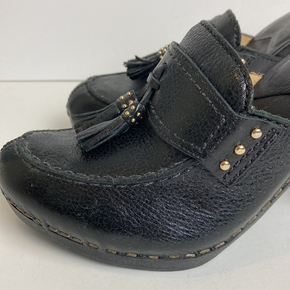 Michael Kors Pebbled Leather Wood Heeled Black Clog Tassel 7.5 Menswear Inspired - Picture 3 of 16